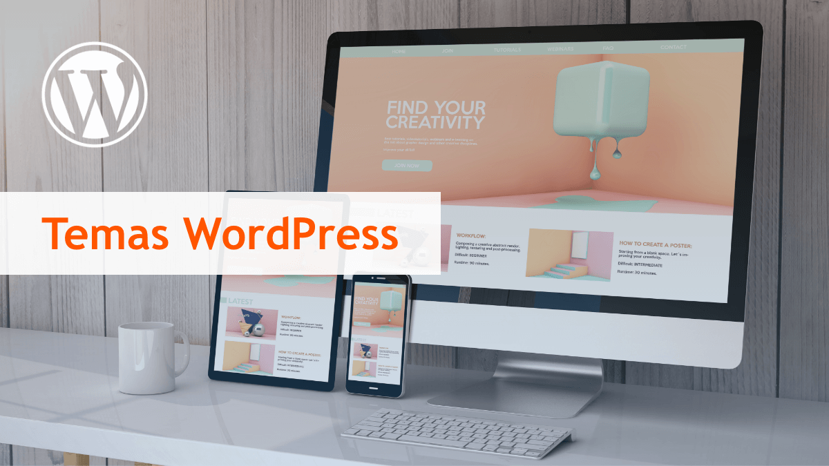 desktop, tablet e smartphone com um template aberto; à frente, o texto Temas WordPress