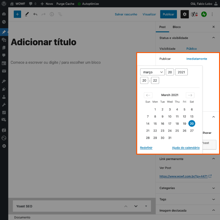 printscreen de agendar conteúdo no WordPress