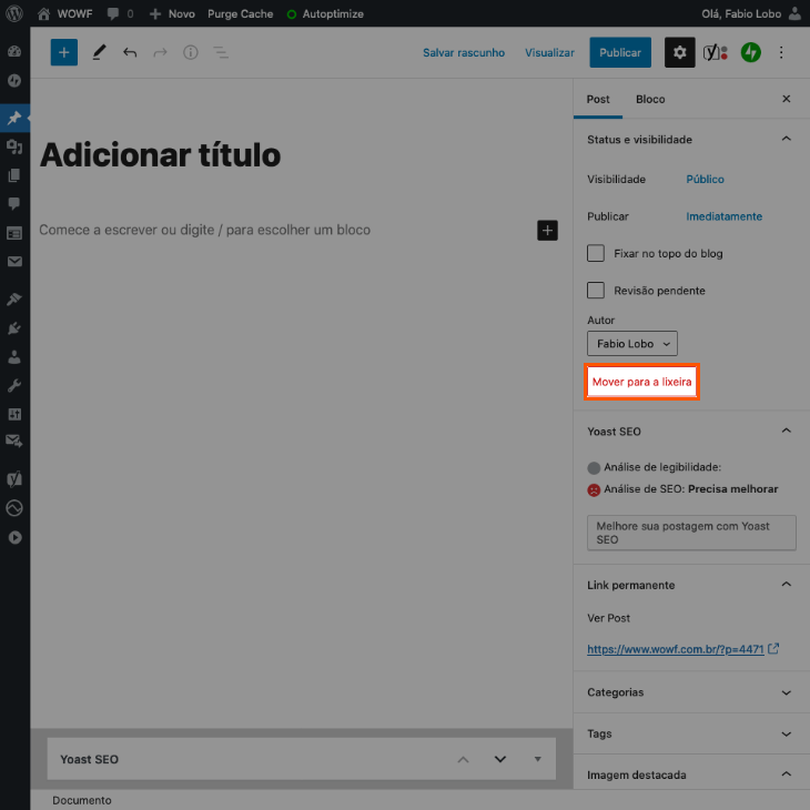 printscreen de apagar conteúdo no WordPress