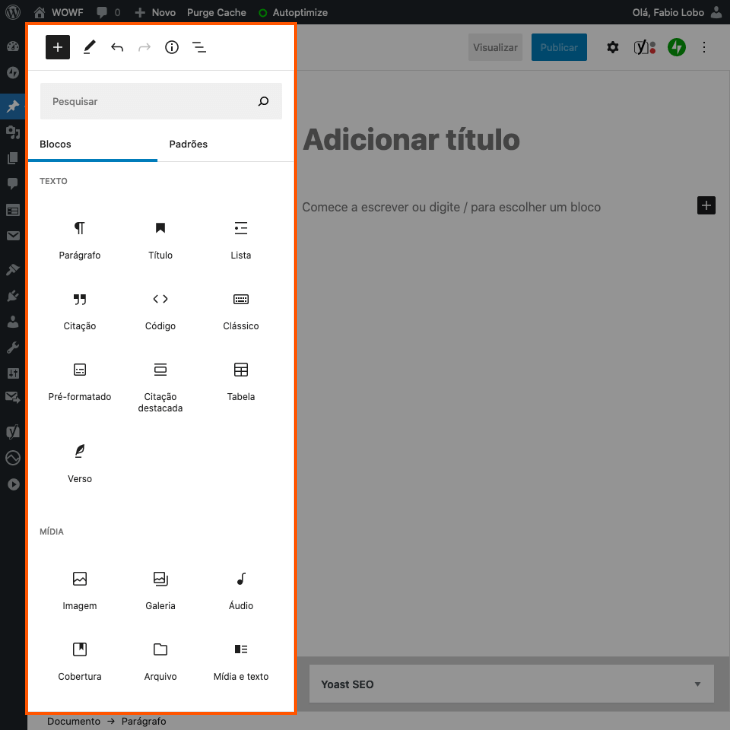 printscreen de lista de blocos do Gutenberg