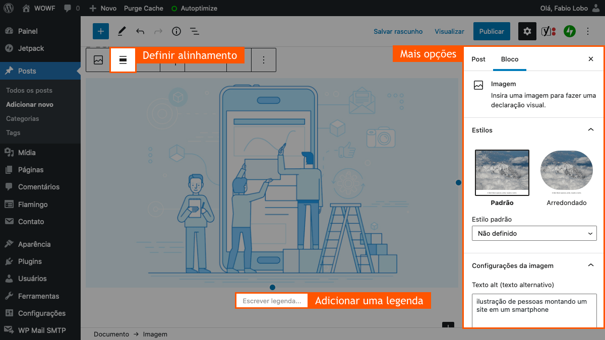 printscreen de edição de imagem do Gutenberg