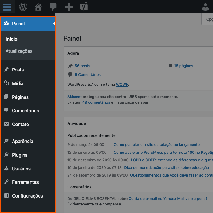 printscreen do menu do WordPress