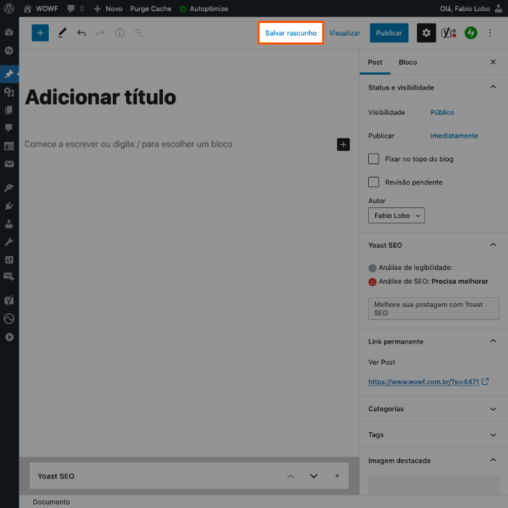 printscreen de salvar como rascunho no WordPress