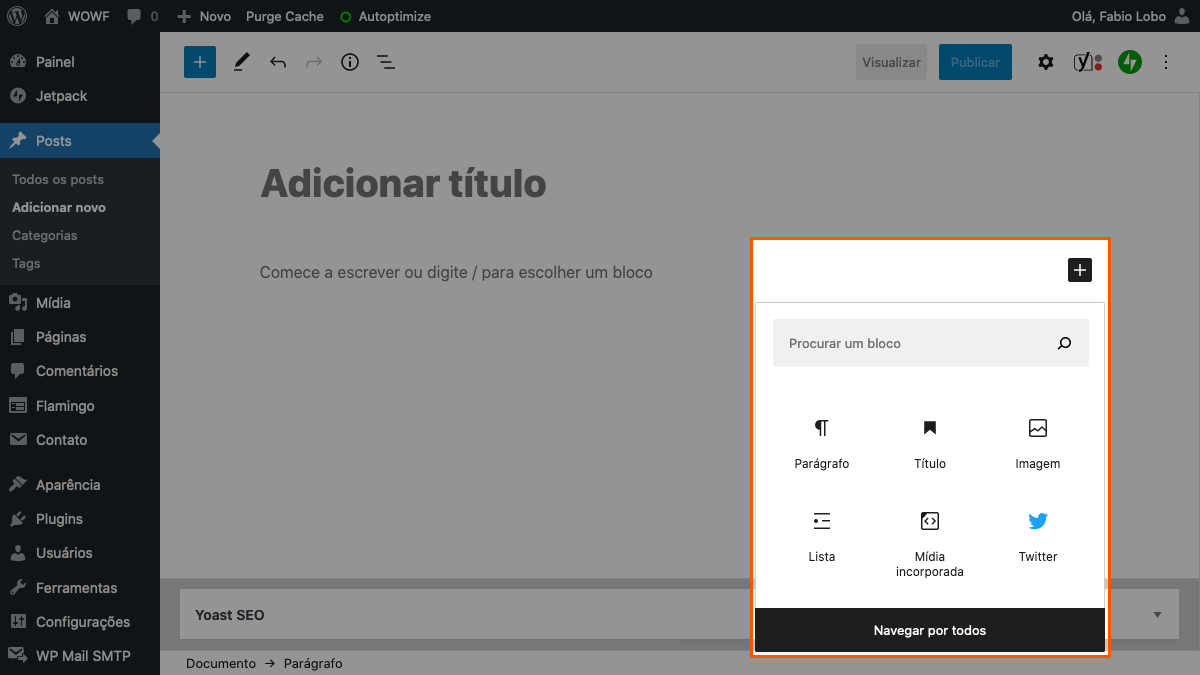 printscreen de seleção de bloco do Gutenberg