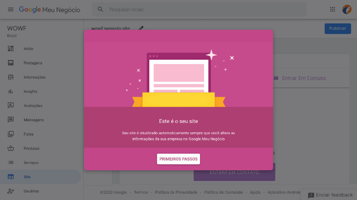 printscreen de tela de criação de site do google meu negócio