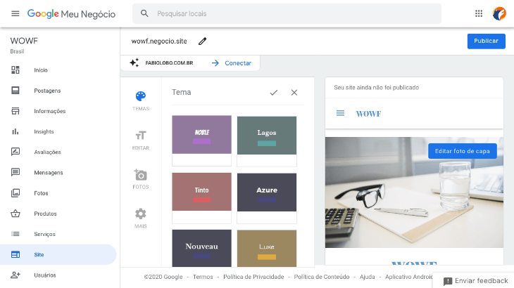 printscreen de tela de seleção de tema para site do google meu negócio