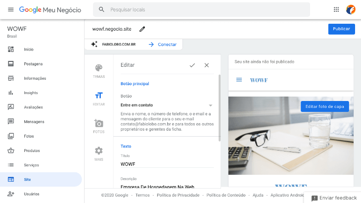 printscreen de tela de edição de site do google meu negócio