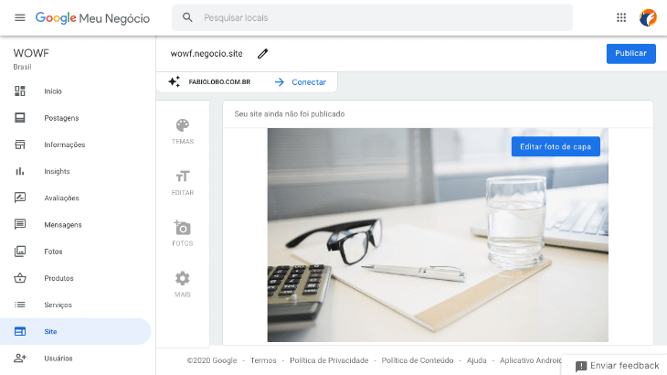 printscreen de tela de edição de site do google meu negócio