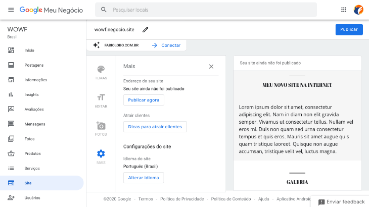 printscreen de tela de edição de site do google meu negócio