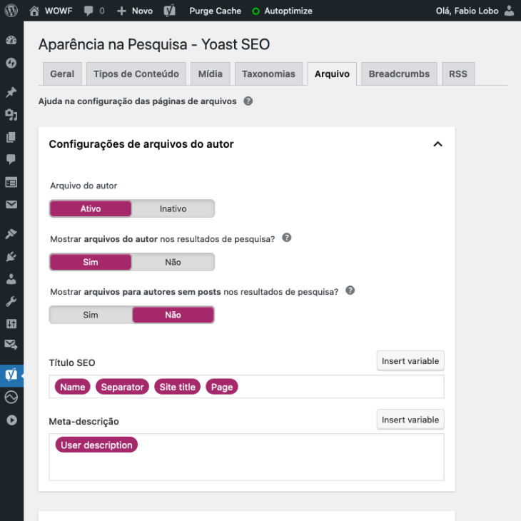 printscreen de configurações de arquivo