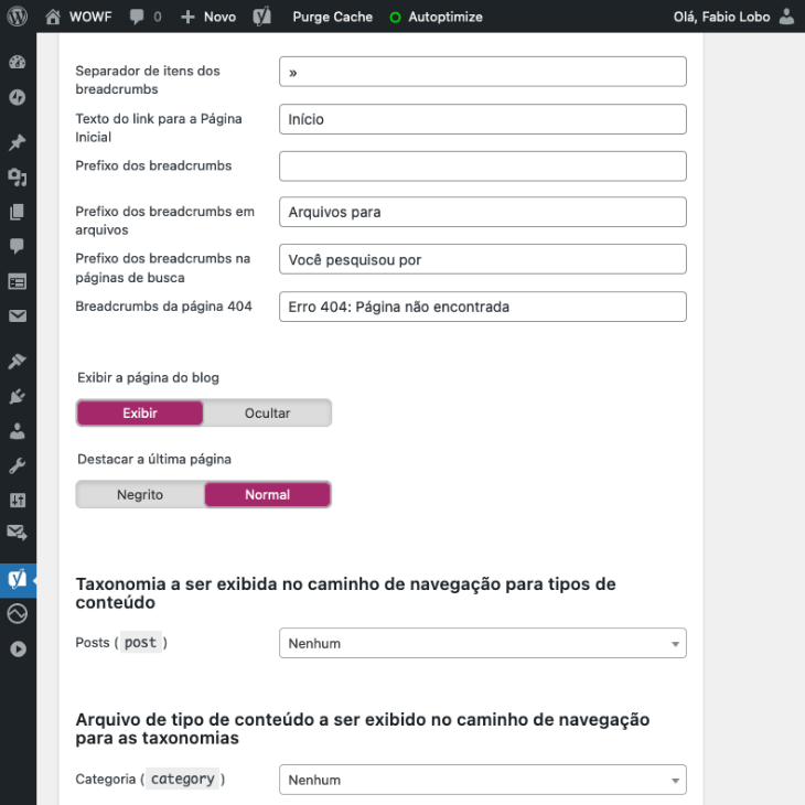 printscreen de configurações de breadcrumbs