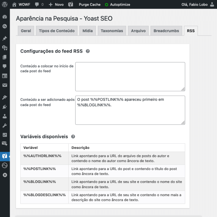 printscreen de configurações de rss