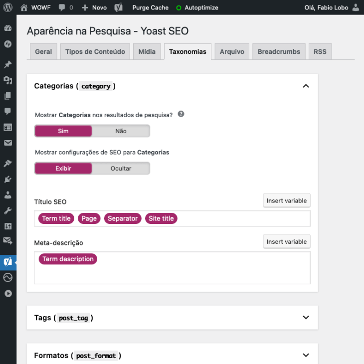 printscreen de configurações de taxonomias