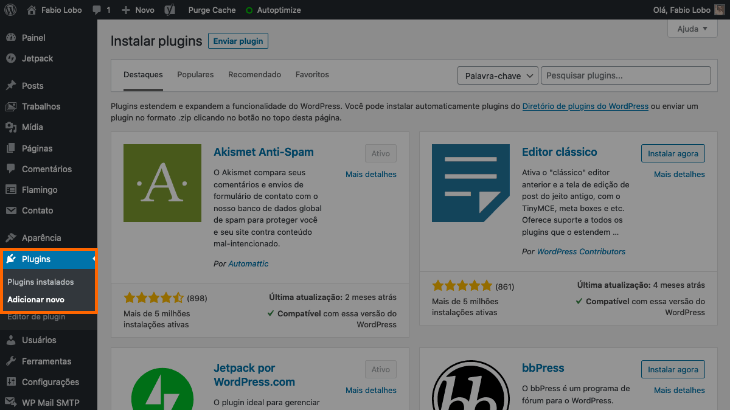 printscreen de painel de plugins do WordPress