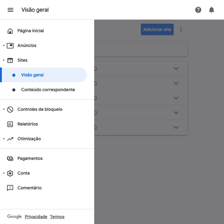printscreen do painel do Google AdSense