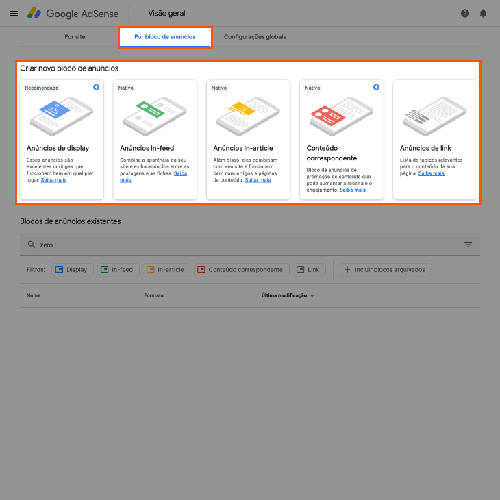 printscreen de opções de banners do Google AdSense