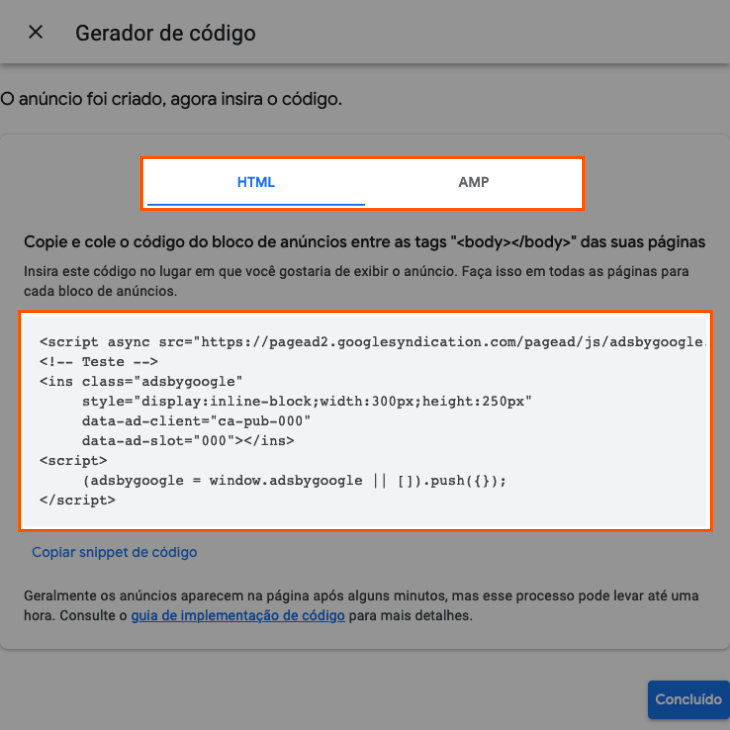 printscreen de código de banner do Google AdSense