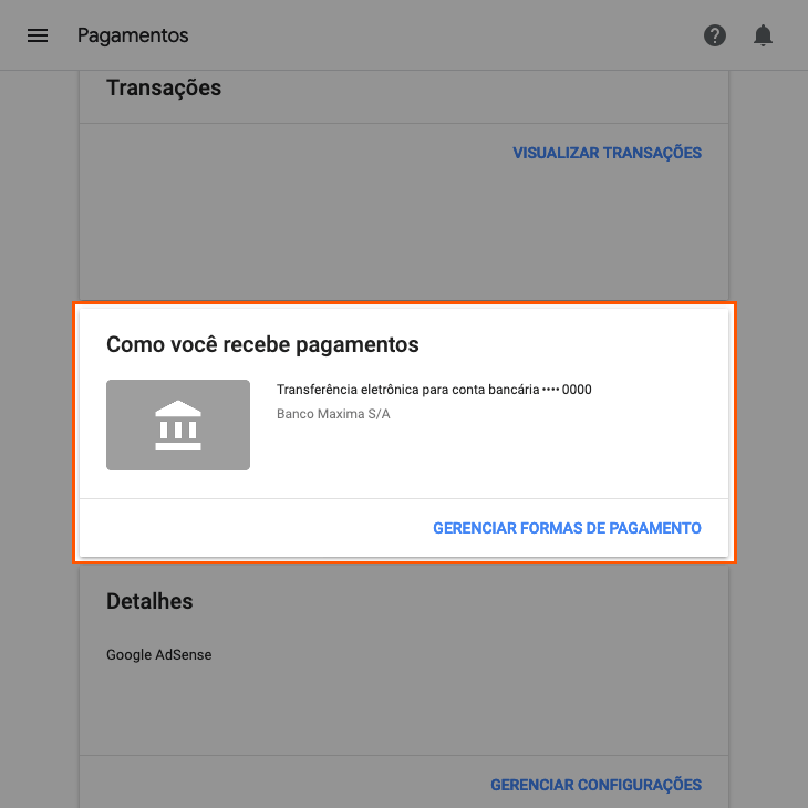 printscreen de formas de pagamento no AdSense