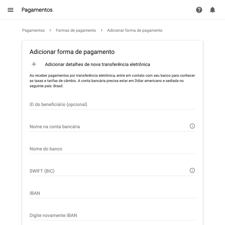 printscreen de cadastro de conta bancária no AdSense