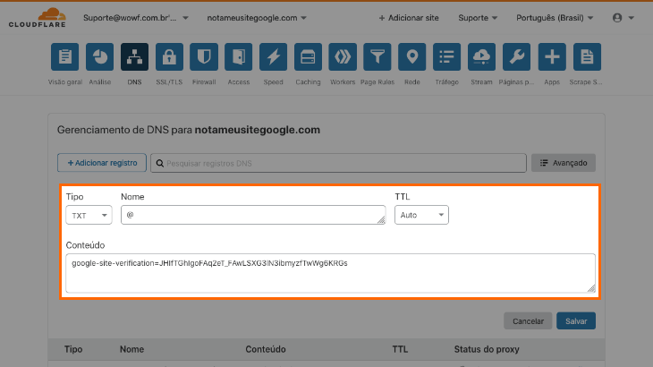 printscreen do painel de DNS da cloudflare