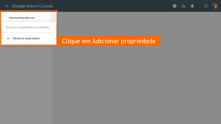 prinscreen do painel de adicionar de propriedade do search console