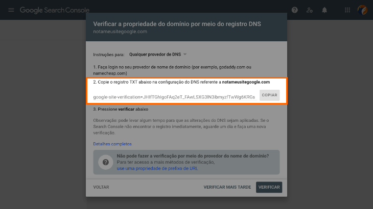 prinscreen do painel de verificar propriedade do search console