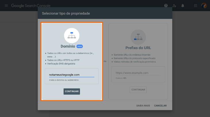 prinscreen do painel de adicionar de propriedade do search console