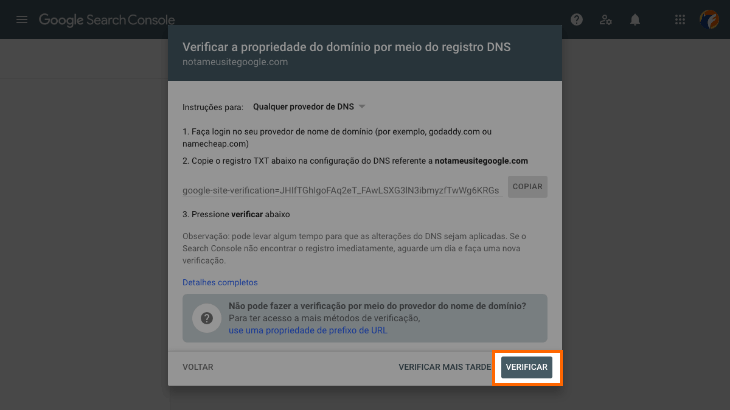 prinscreen do painel de verificar propriedade do search console