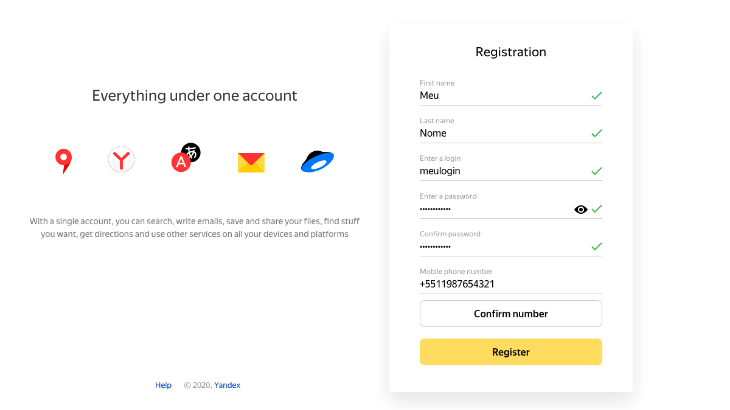 printscreen de cadastro no yandex mail