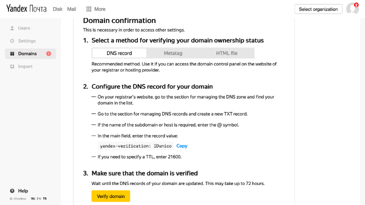 printscreen de verificação de domínio no yandex mail