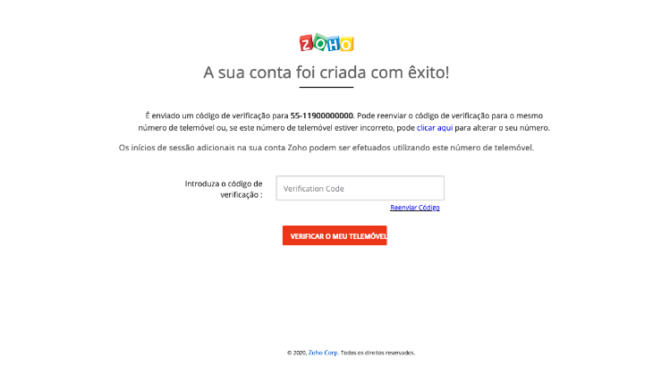 printscreen de verificação de telefone no zoho mail