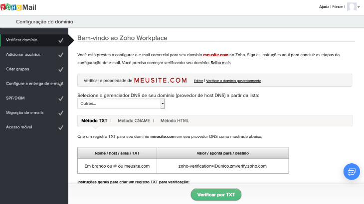 printscreen de verificação de domínio no zoho mail