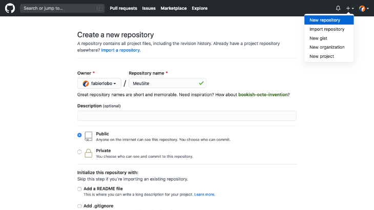 printscreen da tela de criação de repositório do GitHub Pages