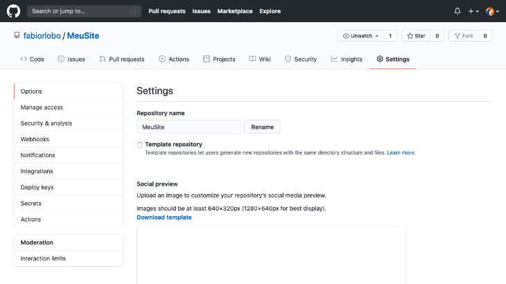 printscreen da tela de opções do GitHub Pages