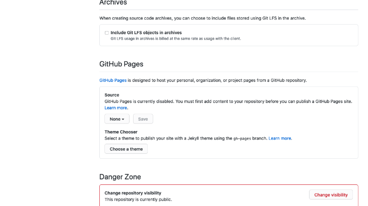 printscreen da tela de opções do GitHub Pages