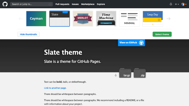 printscreen da tela de seleção de temas do GitHub Pages