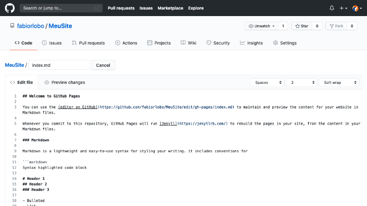 printscreen da tela de edição de conteúdo do GitHub Pages