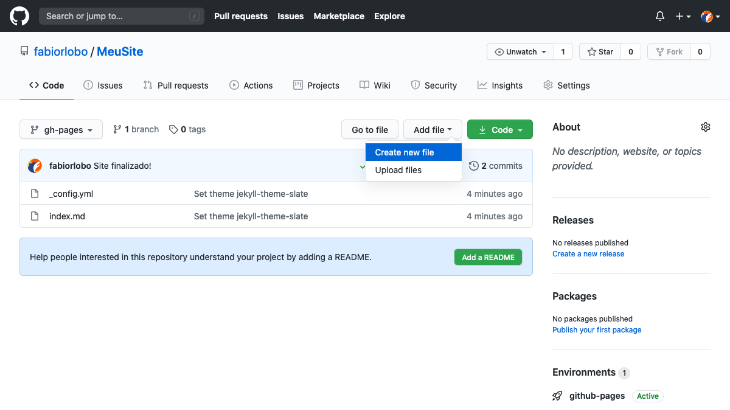 printscreen da tela de criação de nova página do GitHub Pages