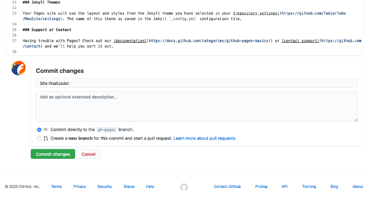 printscreen da tela de commit do GitHub Pages