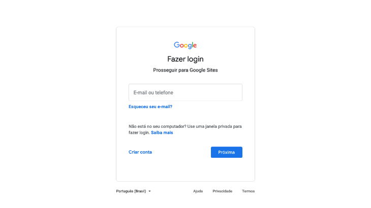 printscreen da tela de cadastro do Google Sites