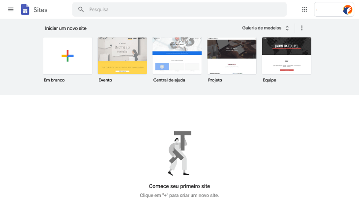 printscreen da tela de escolha de modelos do Google Sites