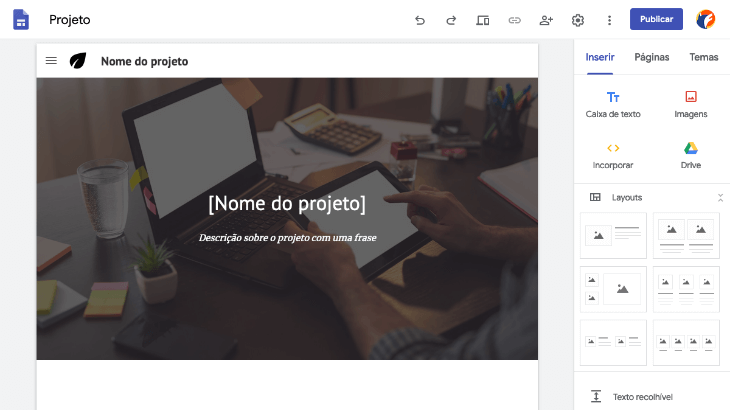 printscreen da tela de construção do site do Google Sites