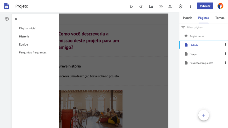 printscreen da tela de criação de páginas do Google Sites