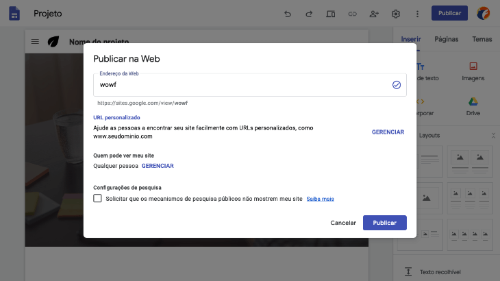 printscreen da tela de publicação do Google Sites