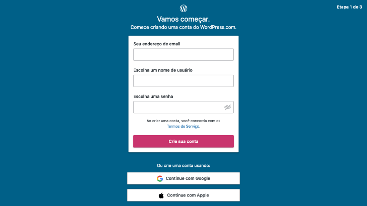 printscreen da tela de cadastro do WordPress.com