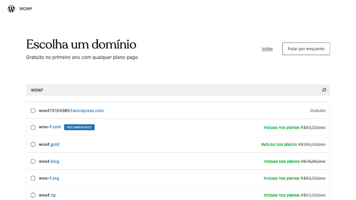 printscreen da tela de escolha de domínio do WordPress.com