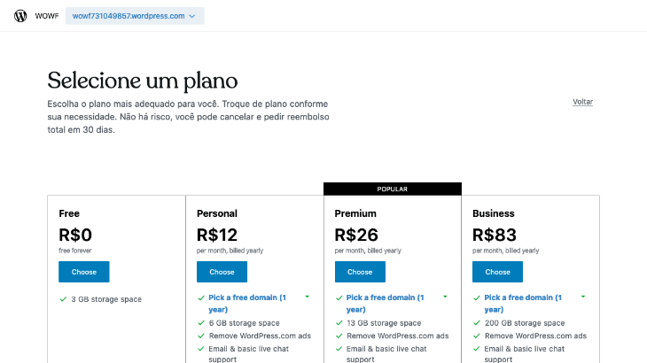 printscreen da tela de planos do WordPress.com