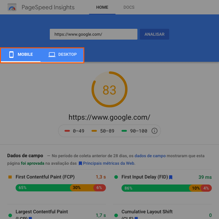 printscreen de resultado no Google PageSpeed Insights