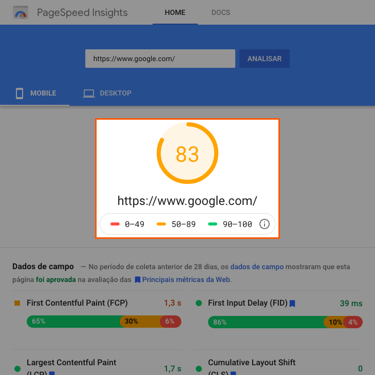 printscreen de resultado no Google PageSpeed Insights