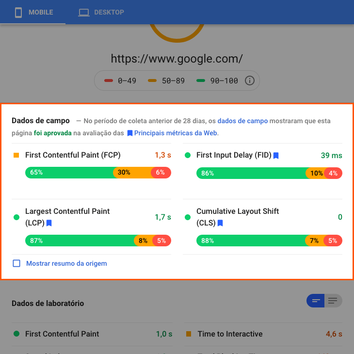 printscreen de dados de campo no Google PageSpeed Insights